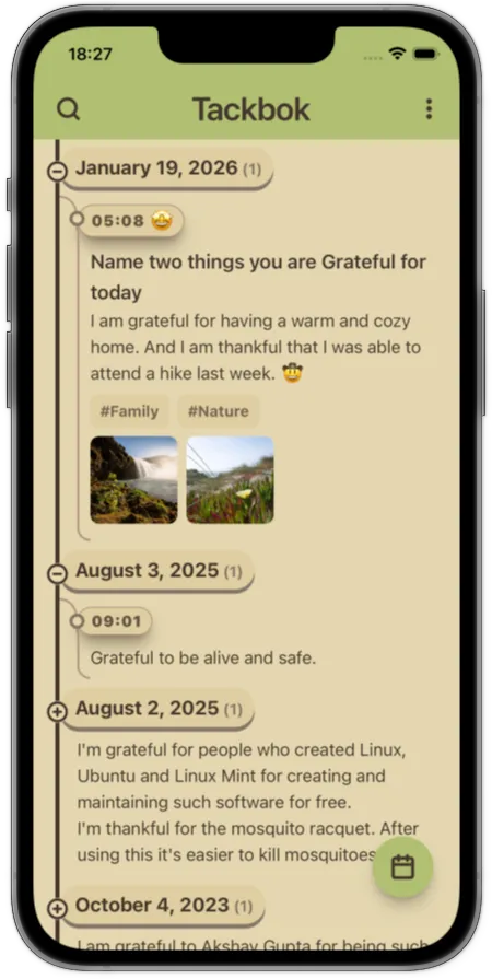 Tackbok home timeline showing gratitude entries