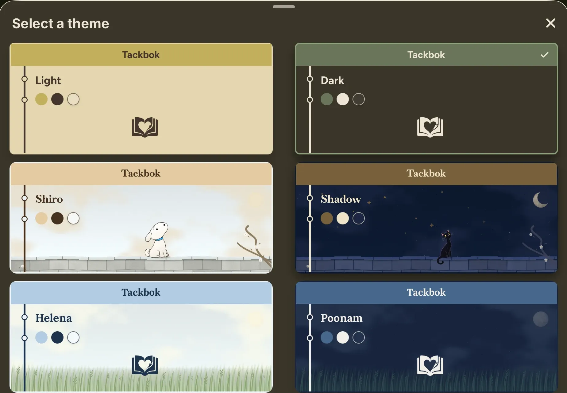 Tackbok’s theme picker with Light, Dark, Shiro, Shadow, Helena, and Poonam previews