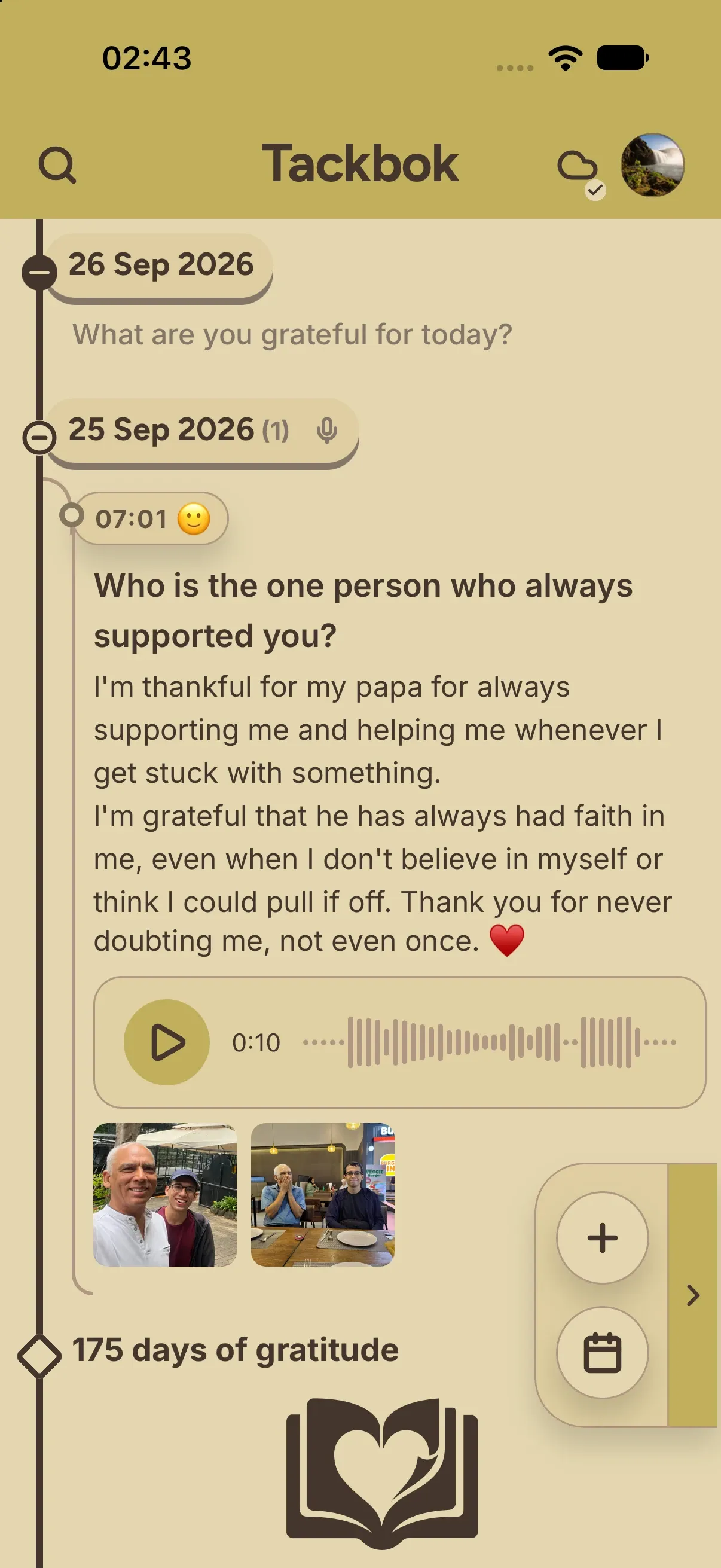 Tackbok timeline with a gratitude entry, voice recording, and photos