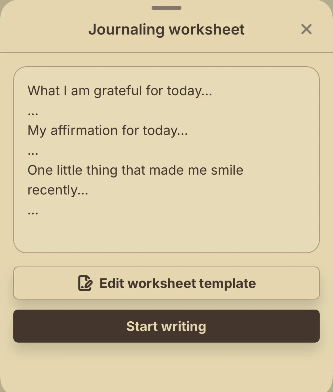 Journaling worksheet with gratitude, affirmation, and small moments prompts, plus an option to edit the template